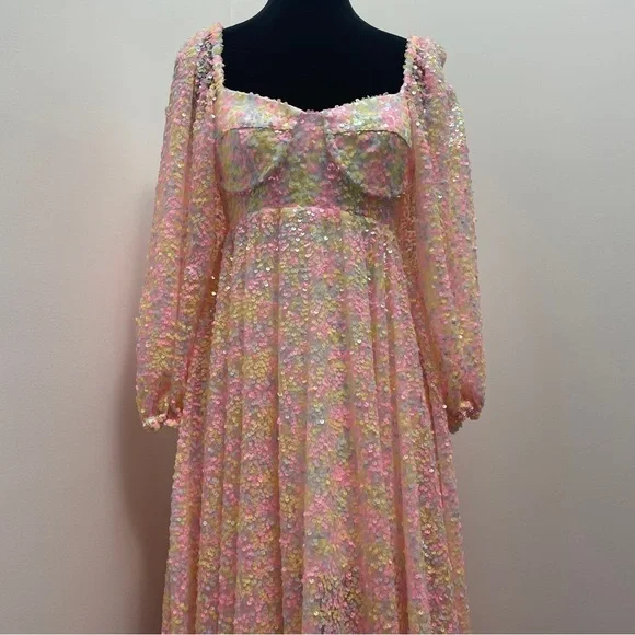 Selkie- Rainbow Sequin Princess Gown Size XS 3/4 Sleeve Sweetheart Maxi Dress - Picture 7 of 16